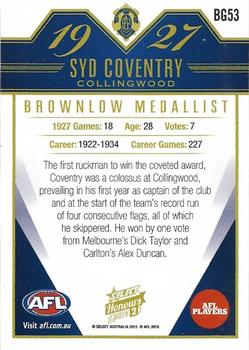 2015 Select AFL Honours Series 2 - Brownlow Gallery #BG53 Syd Coventry Back